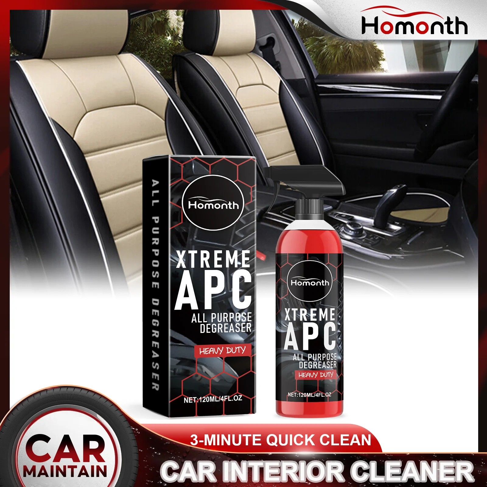 Allzweck-Autoreiniger, mehrere Oberflächen, Innen- und Außenbereich, Stoffsitze, Lenkreifen, leistungsstarker Entfetter, schnell wirkend, kein Peeling, 120 ml Image