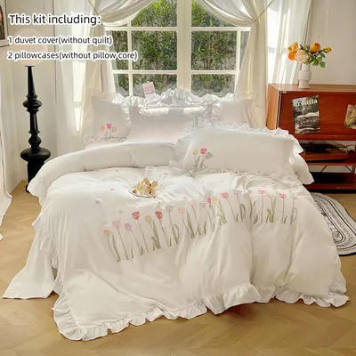 King Size Comforter cover Set, 3 PCS tulip embroidery with ruffles Pattern, Soft All Season King Bedding Set ﻿