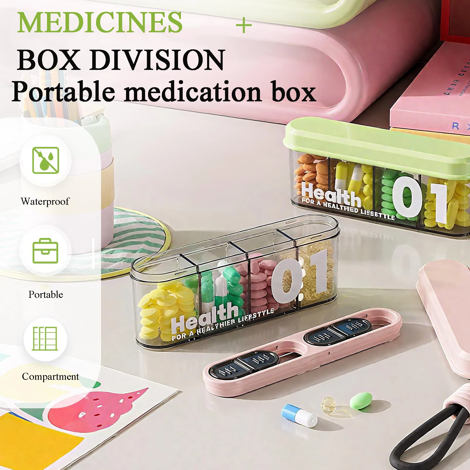 4-Fächer-Pillenetui, tragbar, täglich, kompakt, für Reisen, Tablets, Medikamentenbehälter mit Hängeseil für Vitamine, Medikamenten-Aufbewahrungsbox Image