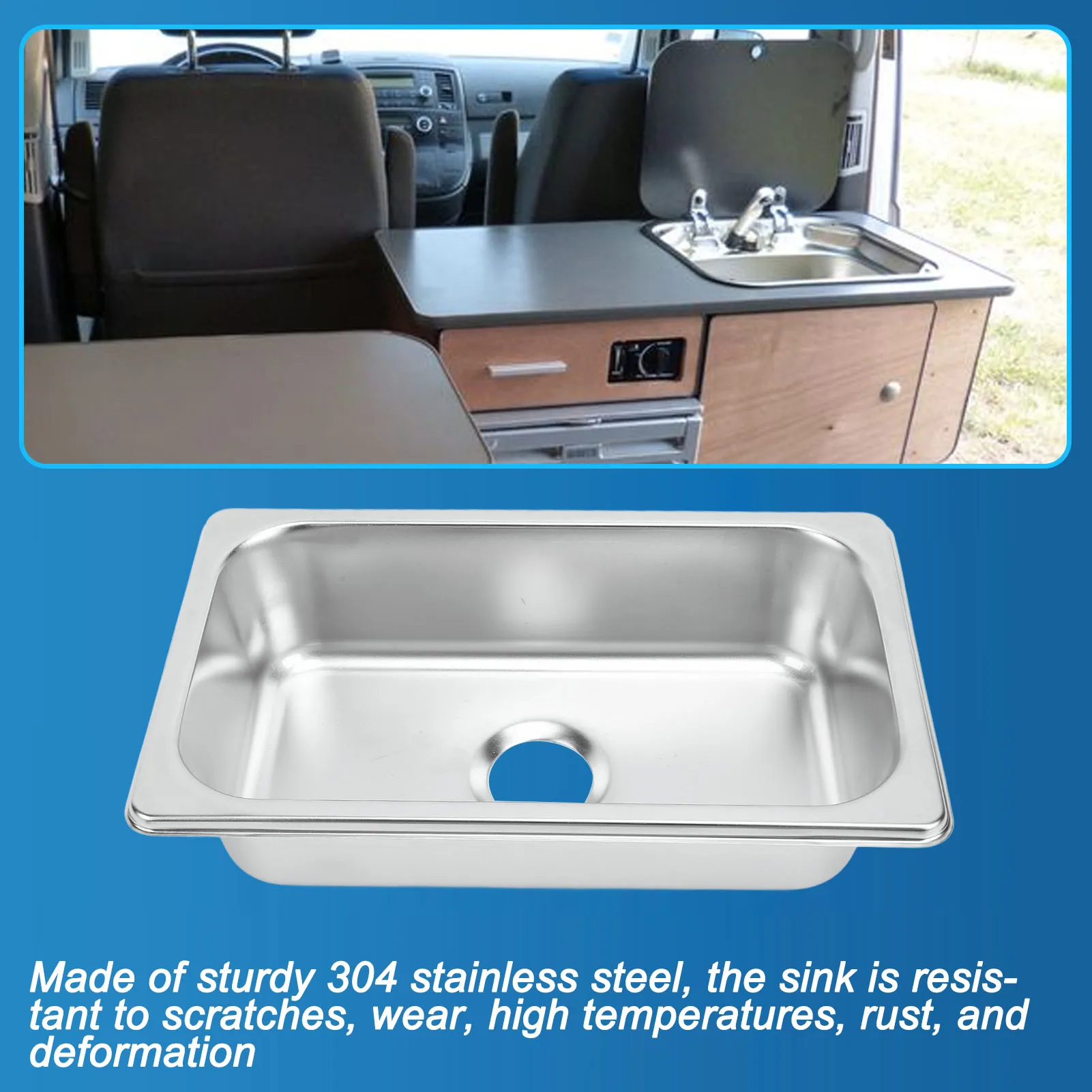 Wohnmobil-Waschbecken aus Edelstahl 304, Wohnmobil-Handwaschbecken, langlebig, 265 x 162 x 65 mm, mit 40 mm Abwasserauslass für Boot, Yachten, Boote