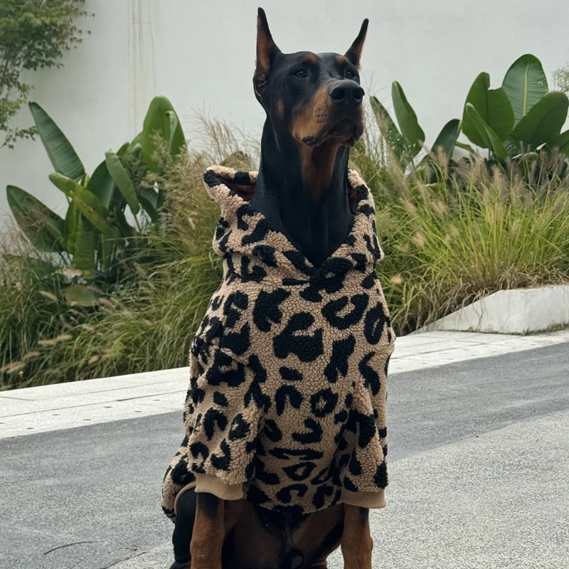Mode Leopard Hoodie Für Medien Große Hunde Warme Fleece Hund Jacke Dobermann Mäntel Für Große Hunde ropa para perro Image