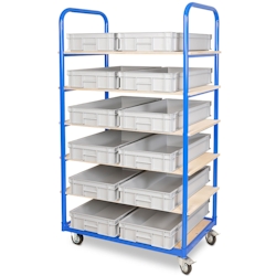 BRB Etagenwagen mit 6 Ebenen, BxTxH 1050x500x1690 mm, bestückt mit 12 Euroboxen BxTxH 600x400x120 mm, 2 Lenk-/2 Bockrollen (grau) Image