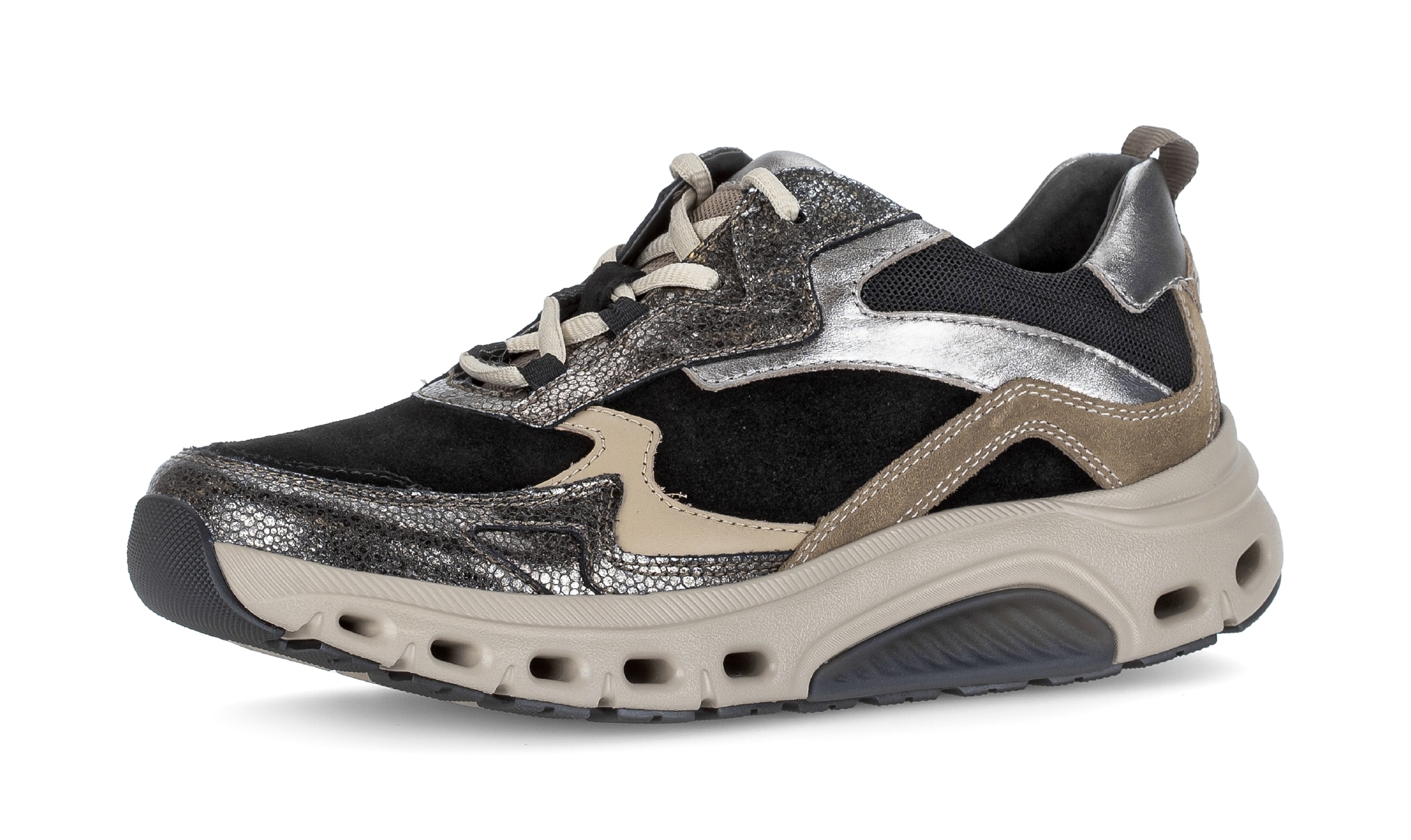 Keilsneaker GABOR ROLLINGSOFT, Damen, Gr. 39, schwarz, mokka, silberfarben, Glattleder, Textil, Veloursleder, metallic, Schuhe, Plateau, Schnürschuh, Halbschuh mit Wechselfußbett