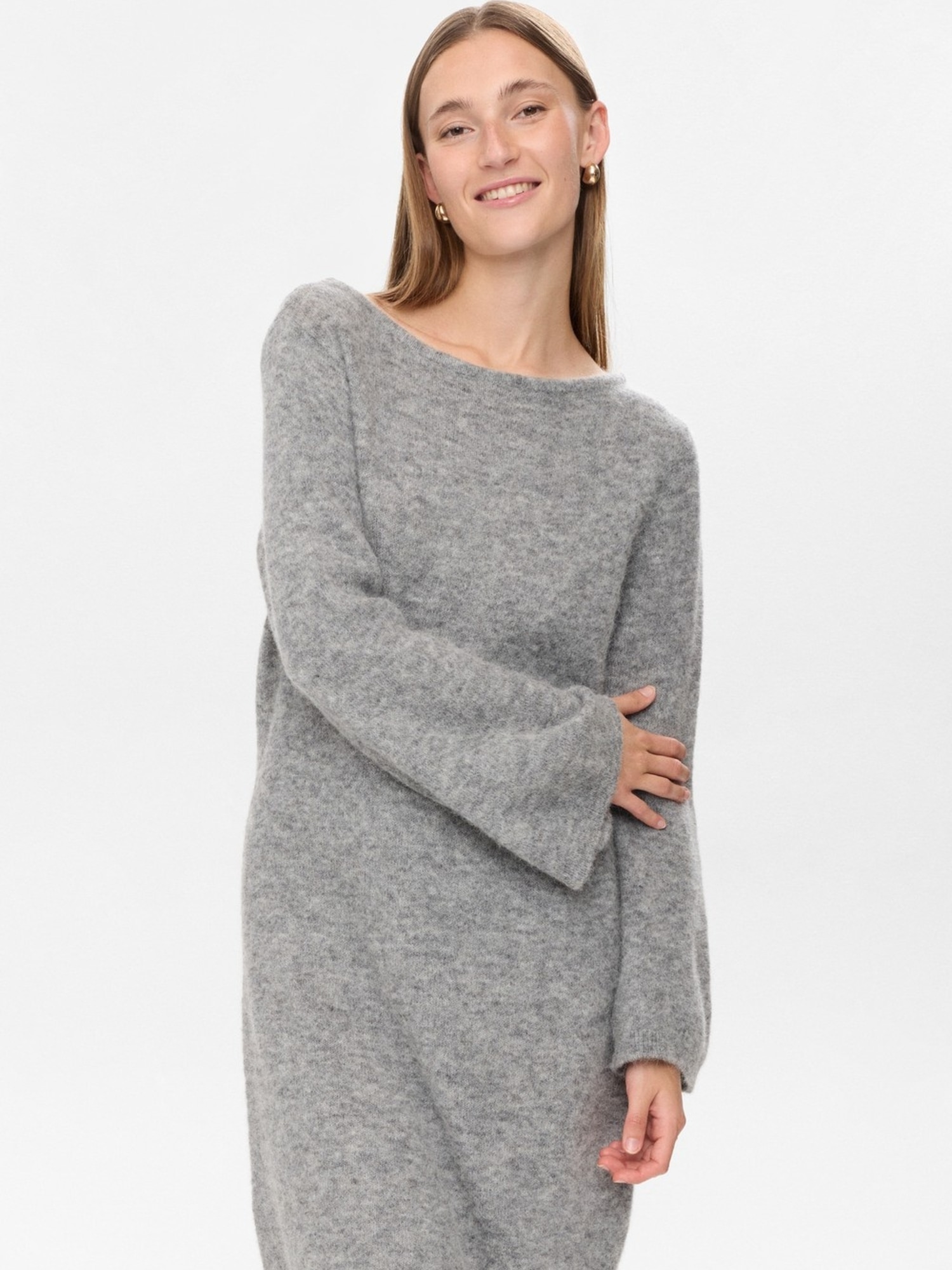 Jerseykleid NÜMPH "Nümph Dress NURIETTE", Damen, Gr. XS, Normalgrößen, grau (medium grau mel), Obermaterial: 32% Alpaka, 32% Wolle, 30% Polyamid, 6% Elasthan, Kleider Image