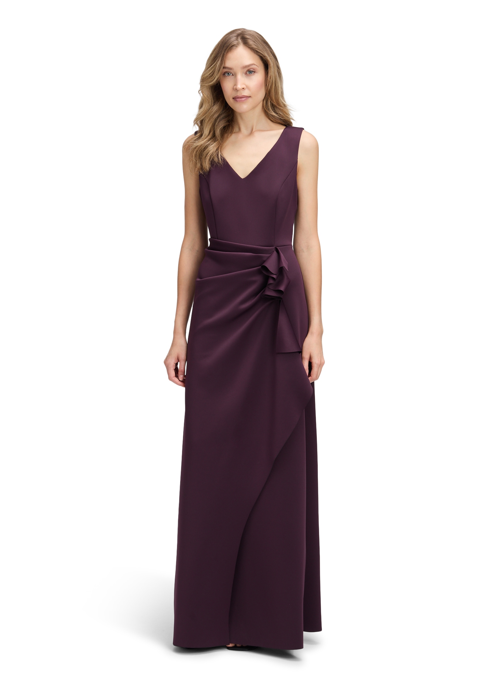Abendkleid VERA MONT "Damen mit Volant", Damen, Gr. 46, Normalgrößen, lila (schwarz amethyst), Obermaterial: 95% Polyester, 5% Elasthan; Futter: 100% Polyester, figurumspielend lang, V-Ausschnitt, Kleider Abendkleid