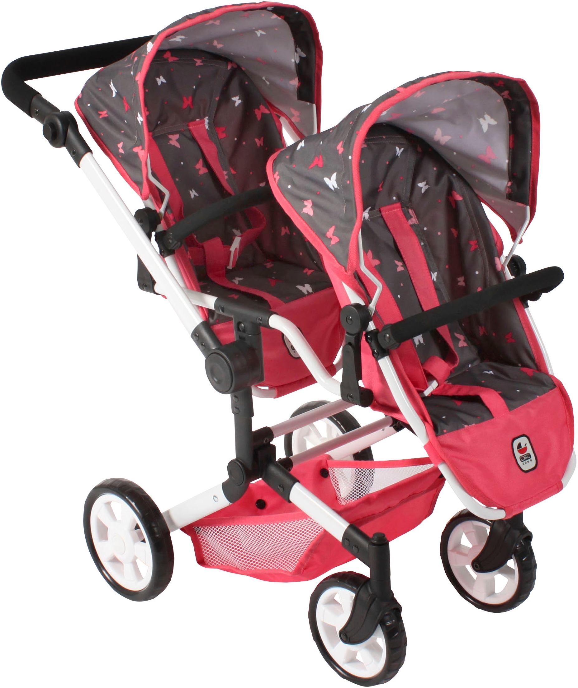 Puppen-Zwillingsbuggy CHIC2000 "Linus Duo", butterfly koralle, Puppenwagen, KinderB:80cm H:79cm T:80cm, Stahl, Kunststoff, Polyester, mit zwei abnehmbaren, bis in Liegeposition verstellbaren Sportsitzen, B:80cm H:79cm T:80cm Image