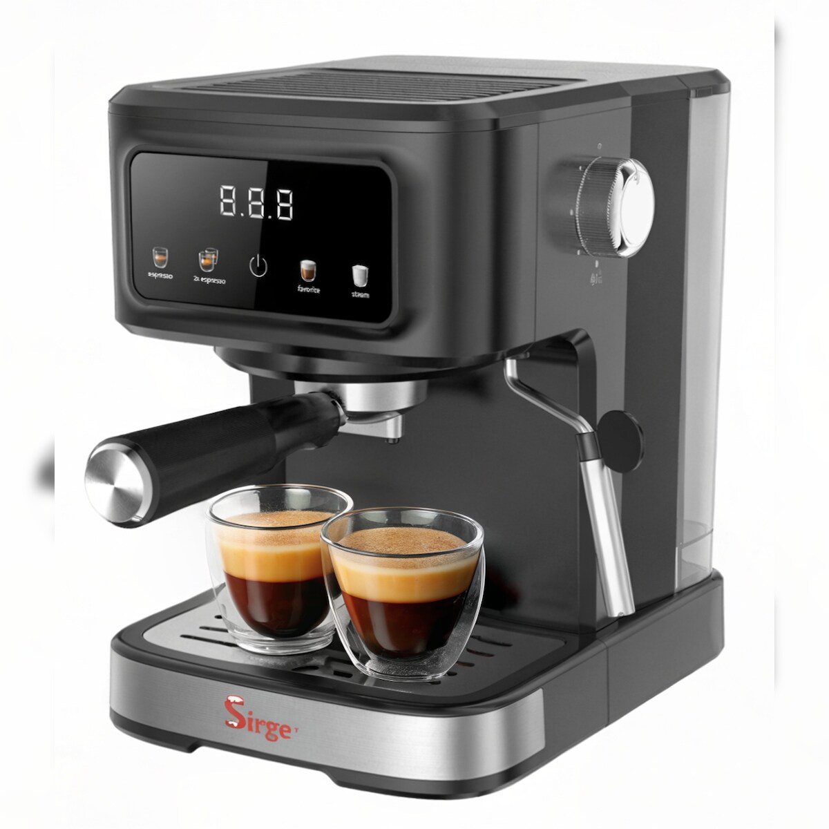 Sirge Digitale Espresso- und Cappuccinomaschine mit Display, 2 Filter, 1100 W, 20 bar [ITALY PUMP], 1,5-l-Tank, Schwarz Image