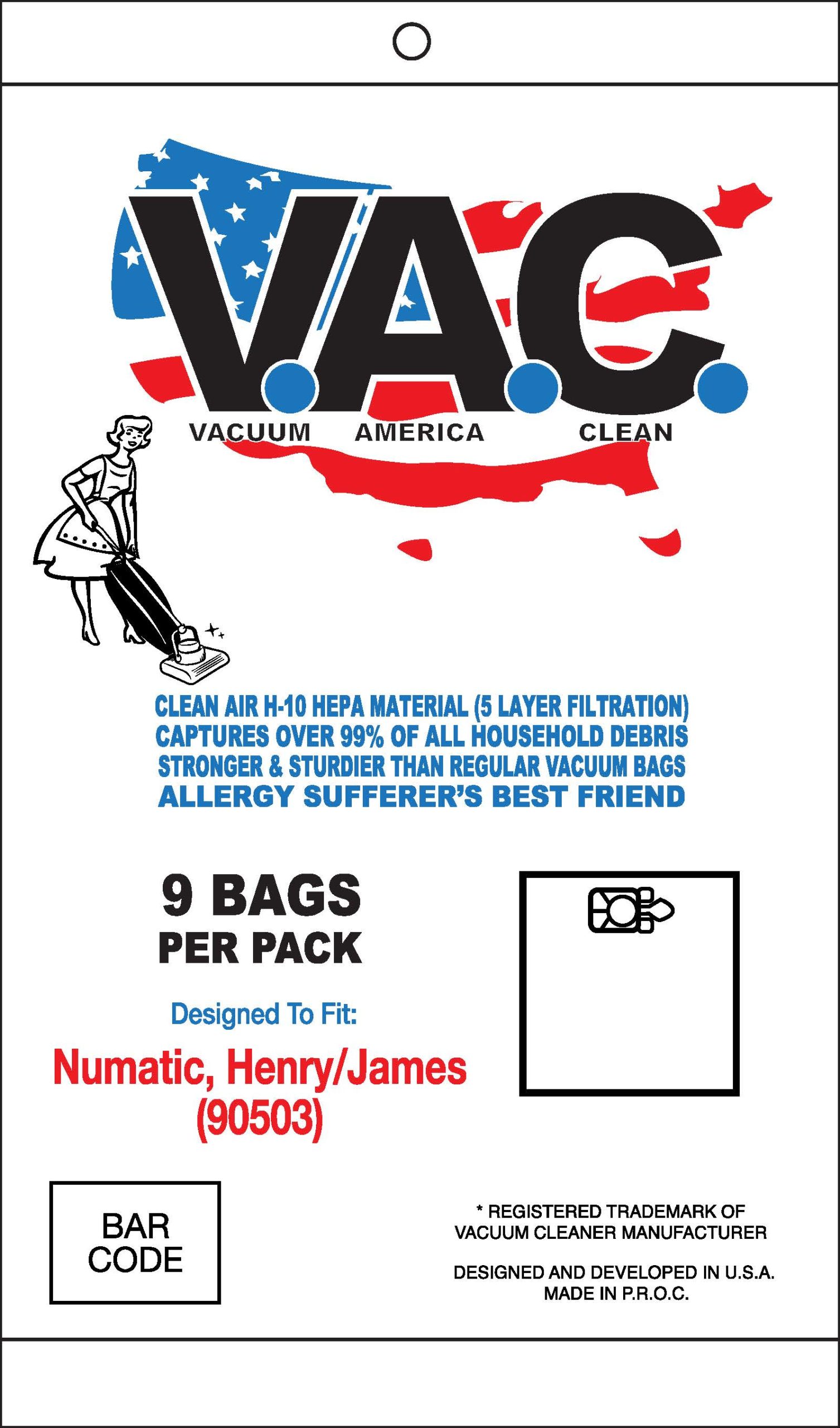 Nacecare/Numatic Henry and James Replacement HEPA Bags, 9 Pack