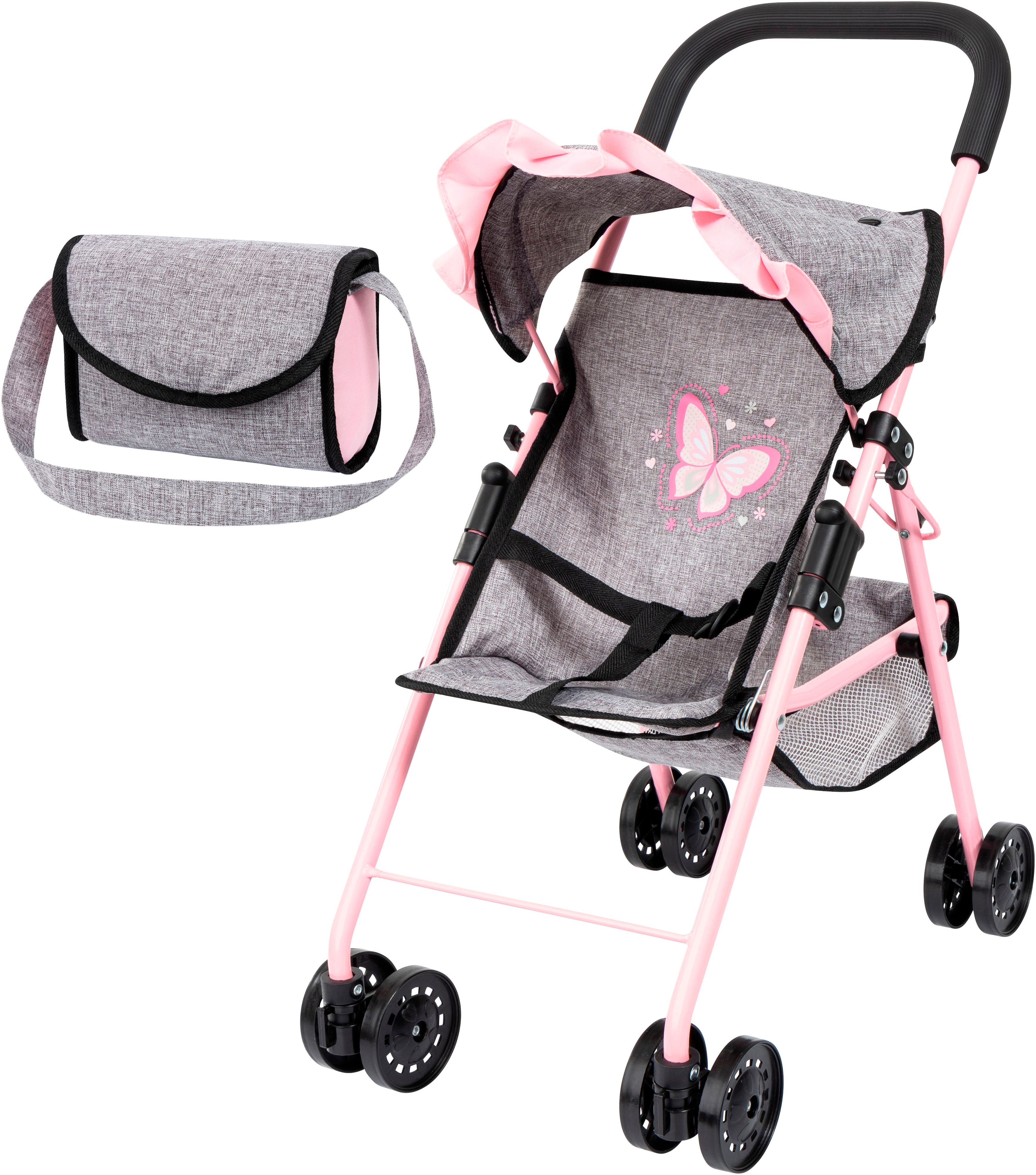 Puppenbuggy BAYER, schmetterling grau, rosa, Puppenwagen, KinderB:26,5cm H:52,5cm T:42,5cm, Kunststoff, Polyester, Stahl, mit Tasche, B:26,5cm H:52,5cm T:42,5cm