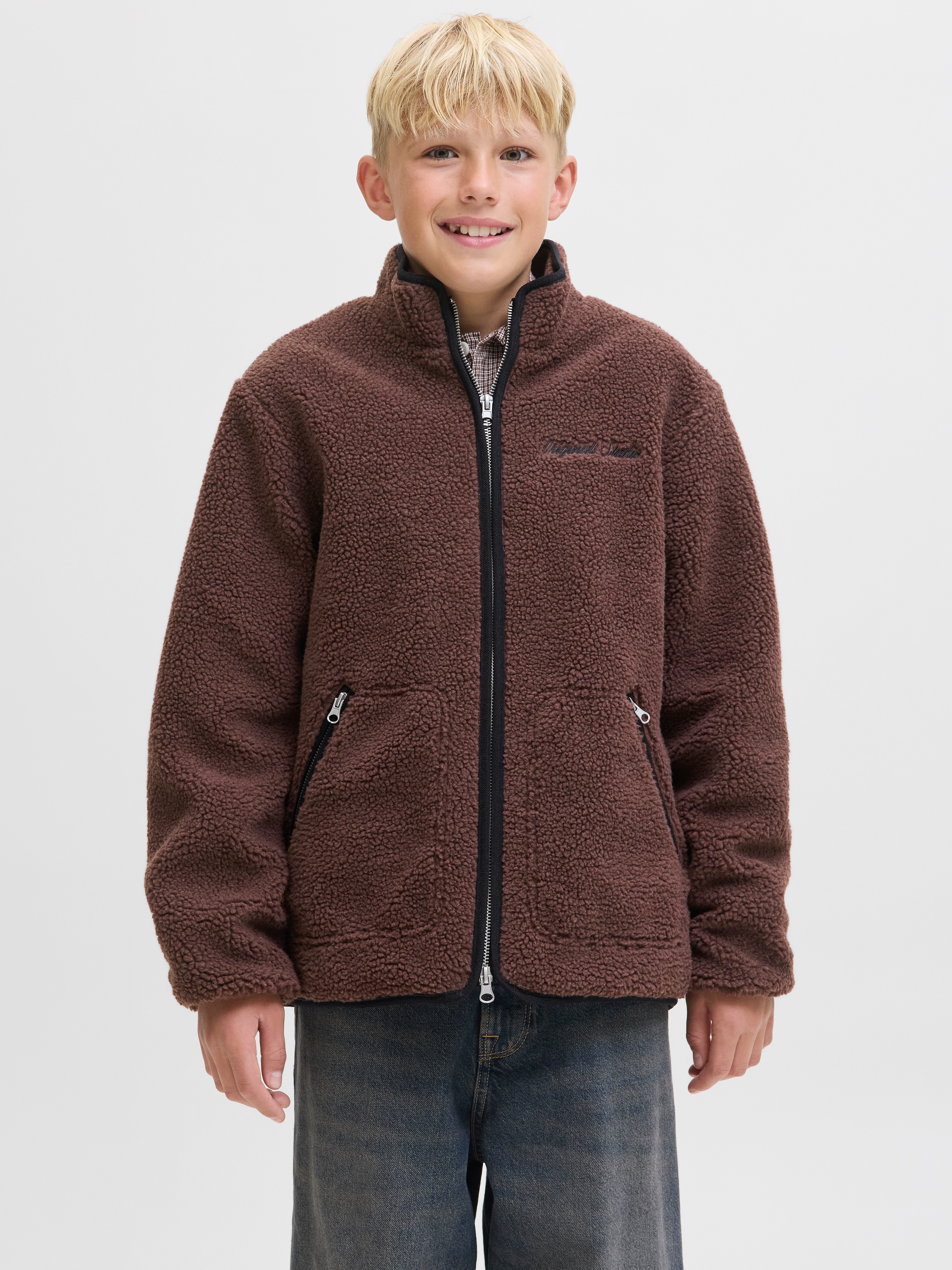 Fleecejacke JACK & JONES JUNIOR "JORNORREBRO TEDDY JACKET JNR", Jungen, Gr. 140, deep mahogany, Fleece, Obermaterial: 100% Polyester, gemustert, regular fit, Jacken Fleecejacke, Mit stylischem Muster