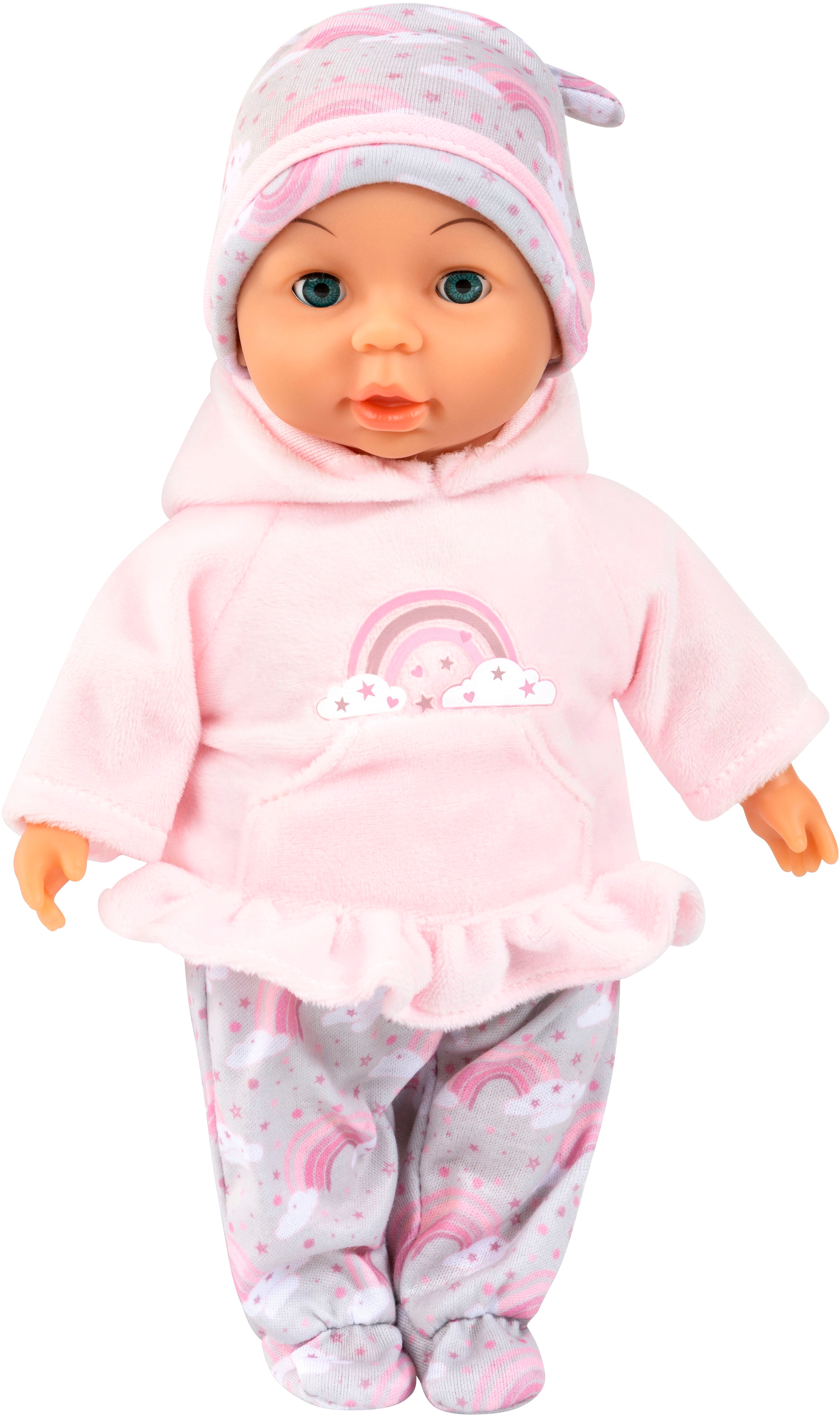 Babypuppe BAYER "My First Baby, Regenbogen-Outfit", rosa (rosa, grau), Puppen, Kinder, Kunststoff, Polyester, mit Schlafaugen Image