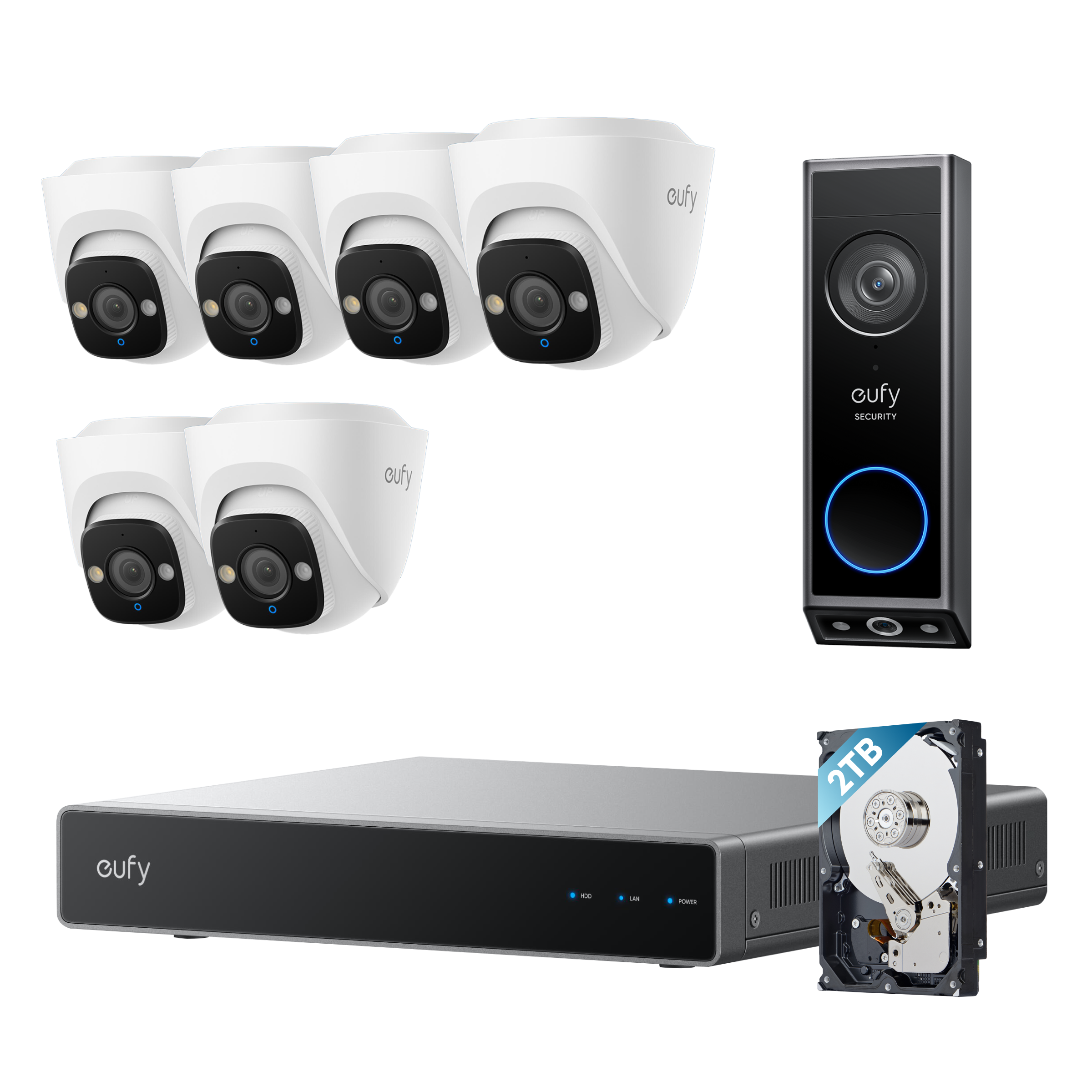 eufy PoE NVR CCTV Security System E41 (6 PoE Cam E41 Kit) + Video Doorbell E340 (Wi-Fi Connection) + 2 TB HDD