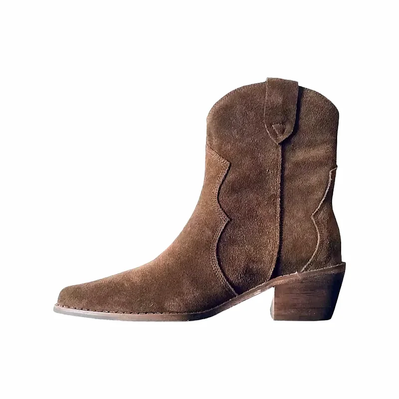 Damen-Chelsea-Stiefel für Frühling und Herbst, Kuh-Wildleder, spitze Zehen, klobiger Absatz, genähte Stiefeletten, Winterschuhe für Damen, Western-Botas