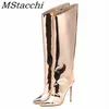 Damen hohe Stiefel Gold Silber spitze Zehen kniehohe Stiefel für Frauen sexy High Heels Party Schuhe Damen Stiletto Botas Femininas