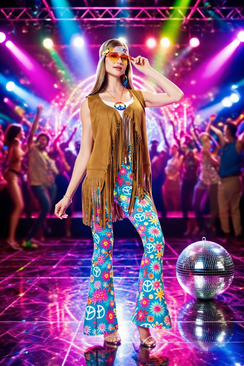  60er 70er Jahre Outfits für Frauen Hippie Kostüm Set Boho Schlaghose Fransen Weste Friedenszeichen Zubehör Set Halloween Set Image