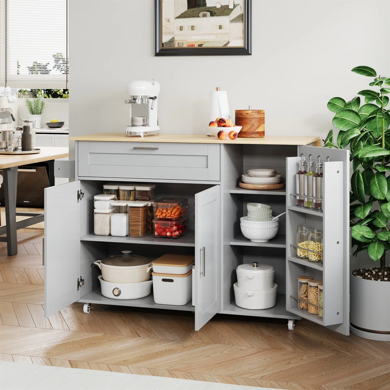 Îlot de cuisine moderne L132.5 * W70 * H90cm, armoires de cuisine, buffet amovible, chariot à manger avec table polyvalente à clôture en bois