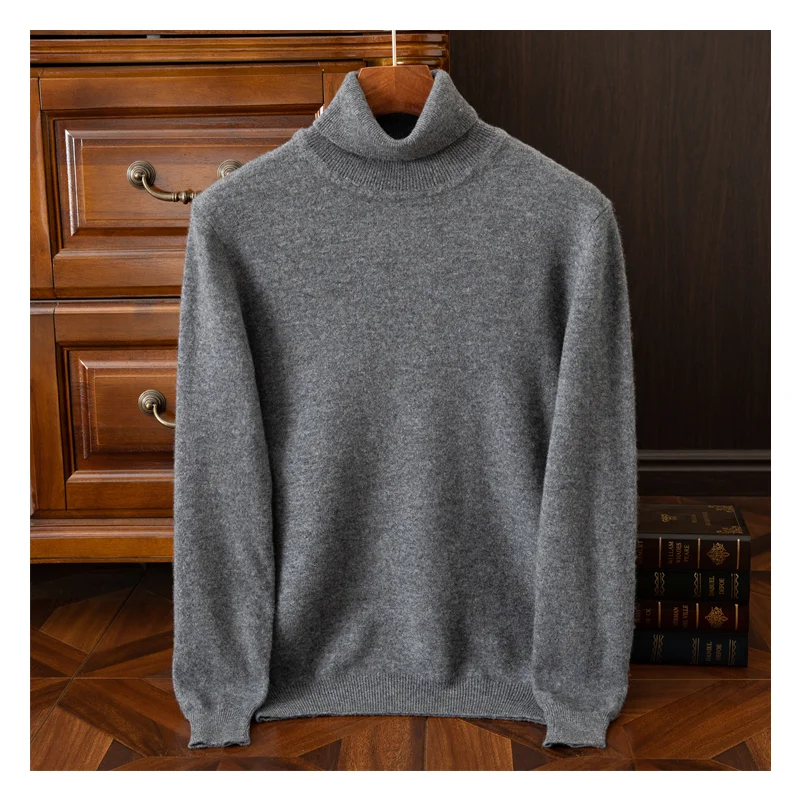 Neuer Herren-Pullover aus 100 % reiner Wolle mit hohem Kragen, gestrickter Wolle, Winter-Hoodie, große Größe, lockerer Freizeit-Vielseitiger Basispullover Image