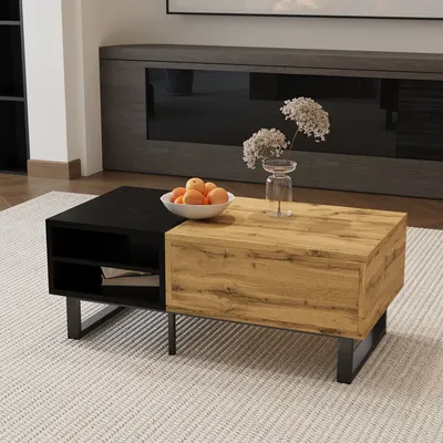 Modern Versatile Coffee Table, Color Block Living Room Table, With Compartments And Drawers, Wood Color Metal Legs, 100x50x40cm