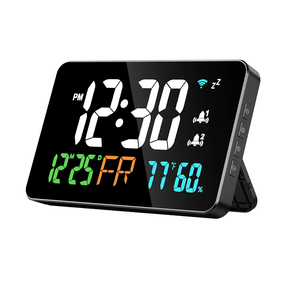 Stylish Digital Clock Alarm Clock WiFi Clock, Extra Large Letters, Temperature and Humidity, Calendar, Week, 4-Level Brightness