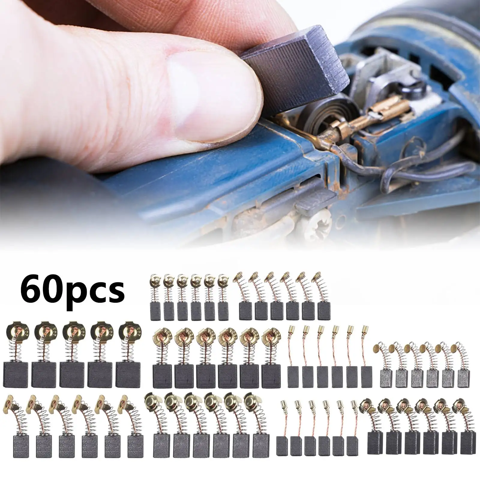 60 Stück 10 Größen Kohlebürsten für Elektromotoren, Ersatz für Elektrowerkzeug, Hammerbohrer, Kreissäge, Ersatz-Kohlebürste Image
