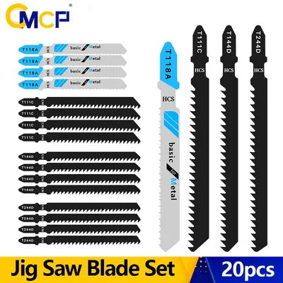CMCP 20Pcs Jigsaw Blades Set T-Shaft HCS Assorted Jig Saw Blades for Wood Plastic Metal Cutting T111C T118A T144D T244D