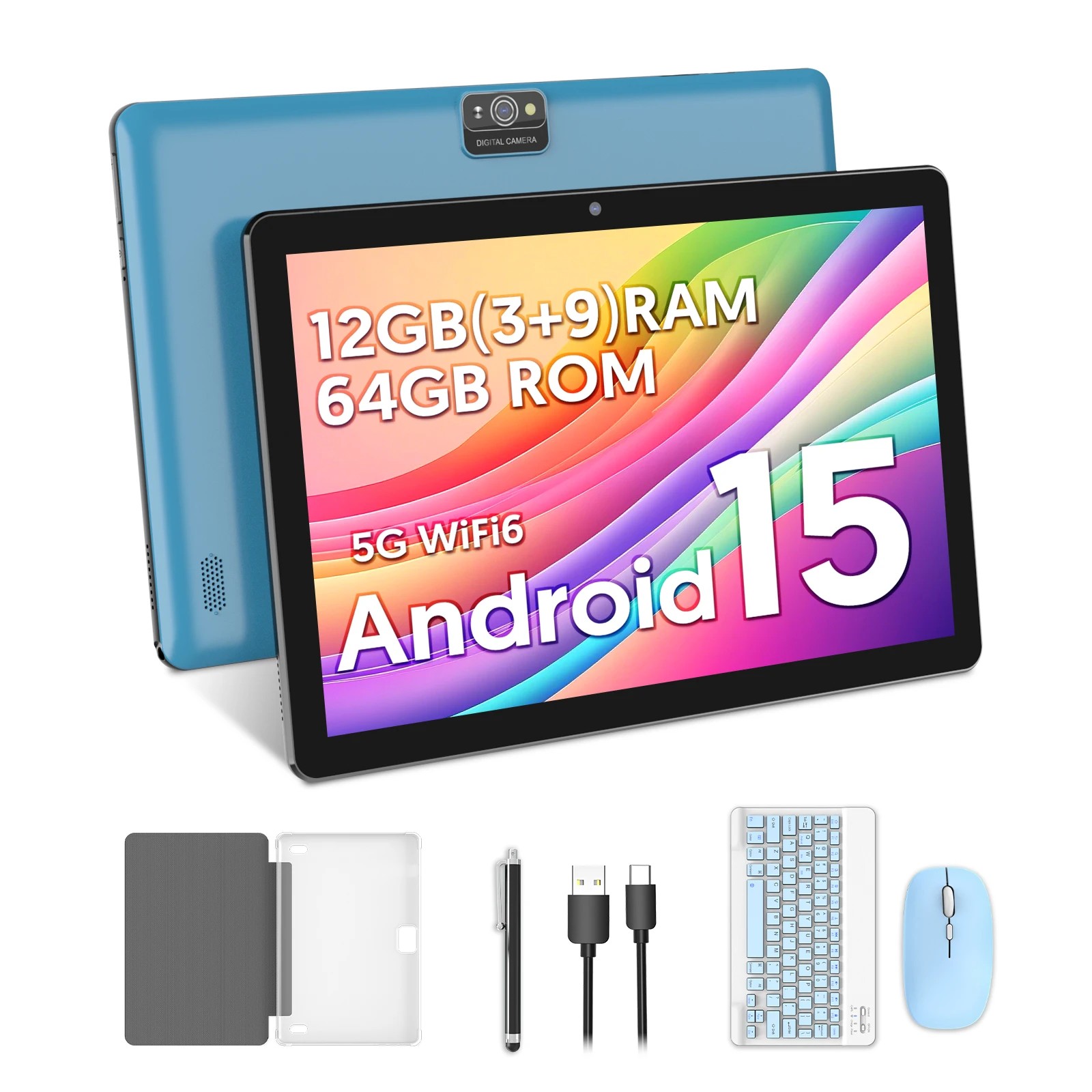 BAKEN 10-Zoll-Tablet, Android 15, Quad-Core-Prozessor, 64 GB RAM, 1 TB erweiterbarer Speicher, zwei Lautsprecher, Tastatur- und Mausset Image