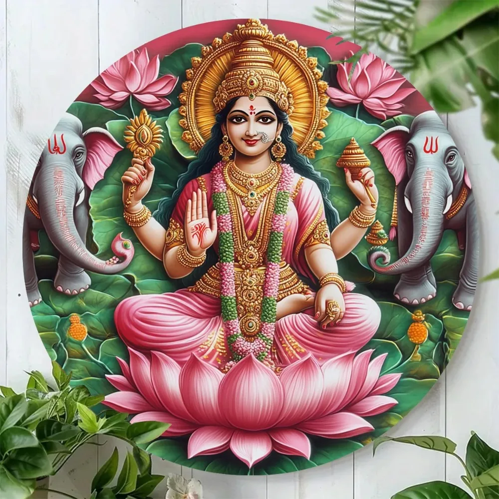 RoundLakshmiLotusWallPlaque Lakshmi Goddess Sitting on Lotus 2D Aluminium Decor – Runde kreisförmige Plakette, festliches Wandschild Image
