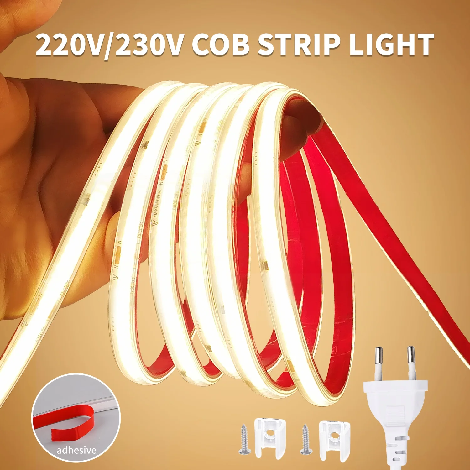 220 V COB-LED-Streifenlicht, 296 LEDs/m, hohe Helligkeit, wasserdicht, flexibles LED-Band, für Zimmer, Küche, Außenbeleuchtung, 230 V Image