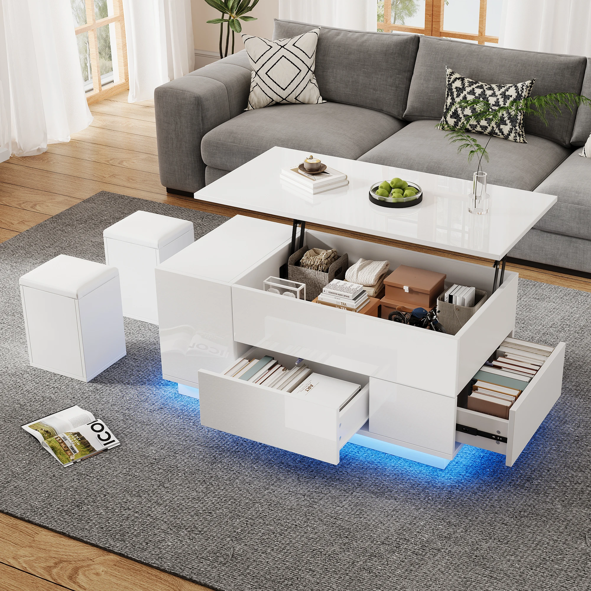 Couchtisch 4-in-1 höhenverstellbarer Sofatisch mit LED, kaffeetisch mit 2 Schubladen,Hochglanztisch mit Sofa und 2 Hockern, Tragkraft bis 50kg
