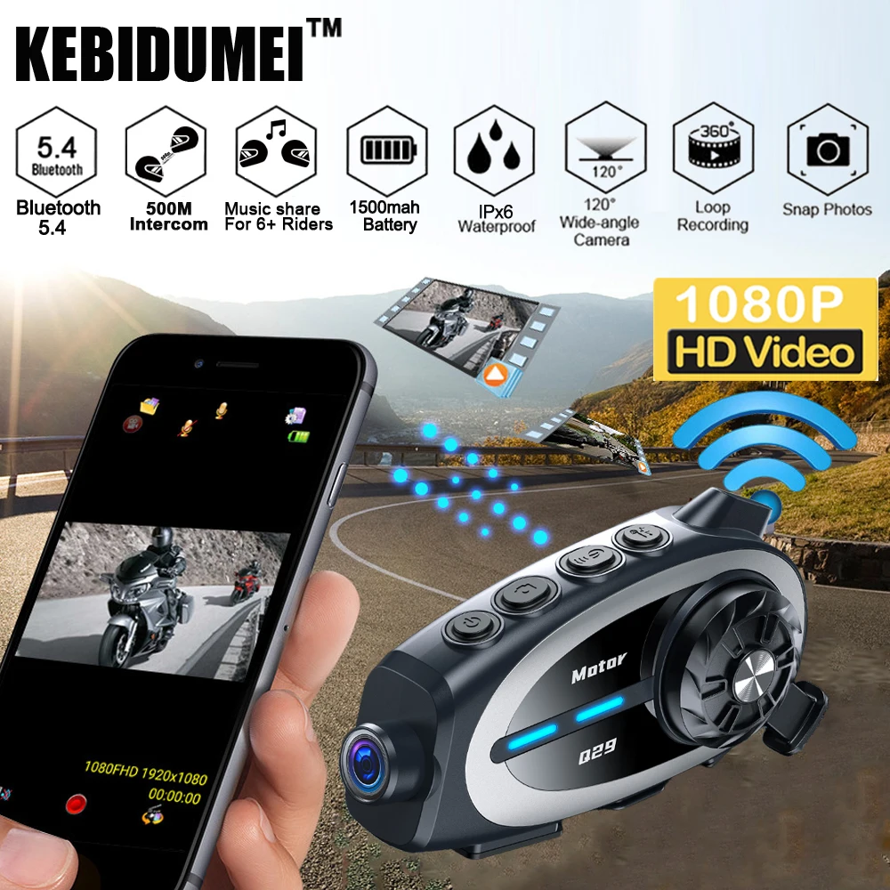 1080P DVR Motorrad Intercom Helm Headset 500M Musik Teilen Kopfhörer WiFi Video Recorder 1500Mah Wasserdichte Weitwinkel kamera Image