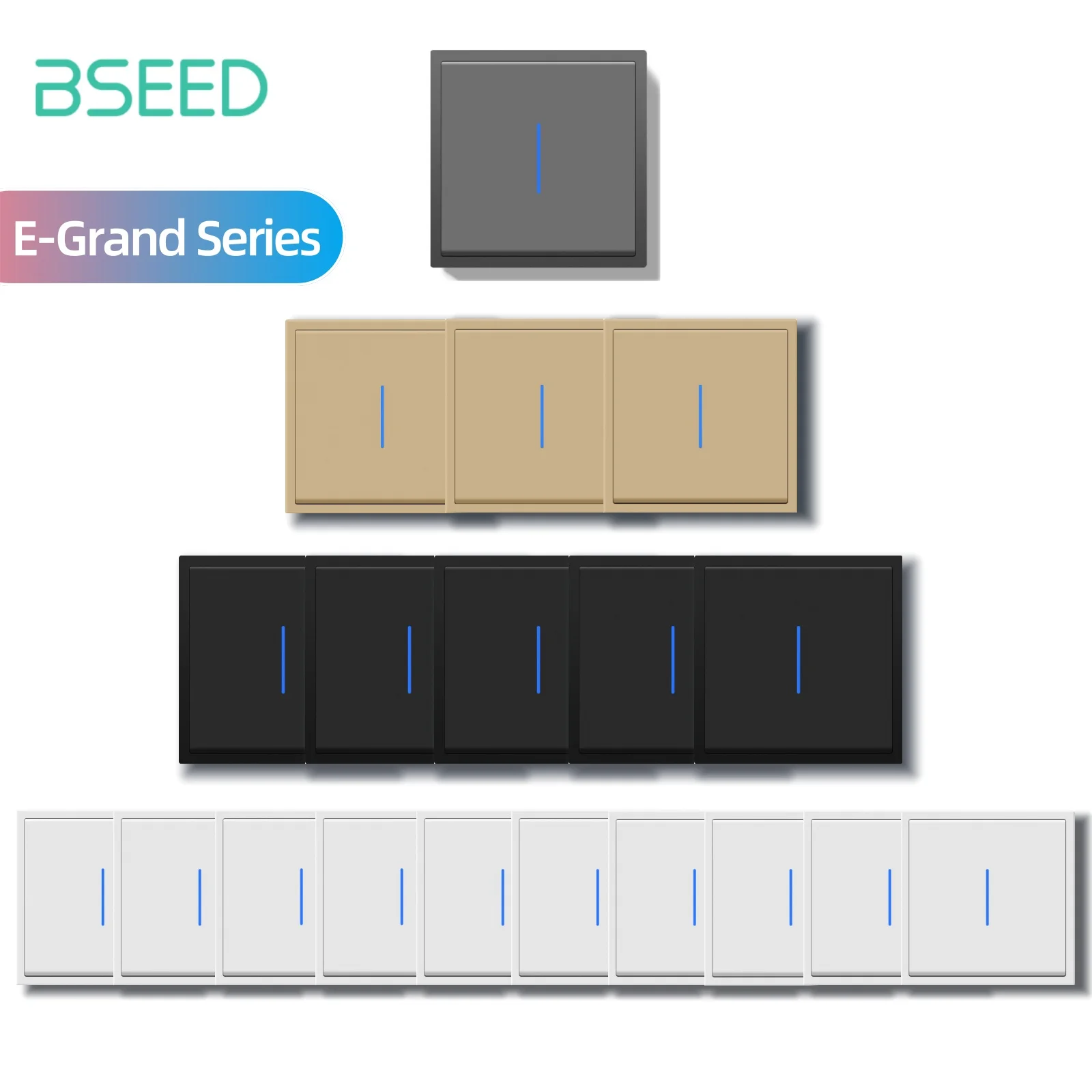 BSEED E-Grand Serie 1 Gang 1 Weg Taste Licht Schalter Kunststoff Rahmen Wand Licht Schalter Ein Aus Für Treppen LED Hintergrundbeleuchtung Image