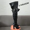 LAIGZEM Frauen Oberschenkel Hohe Stiefel Zip Up Dicke High Heels Stiefel Kunstleder Über Knie Stiefel Damen Schuhe Frau Große Größe 44 47 52
