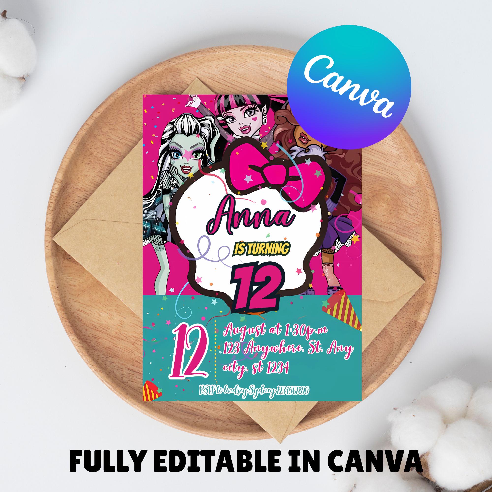 Invito per festa di compleanno a tema mostro, invito per festa di compleanno di Halloween per ragazze, invito per bambola mostro, invito per compleann