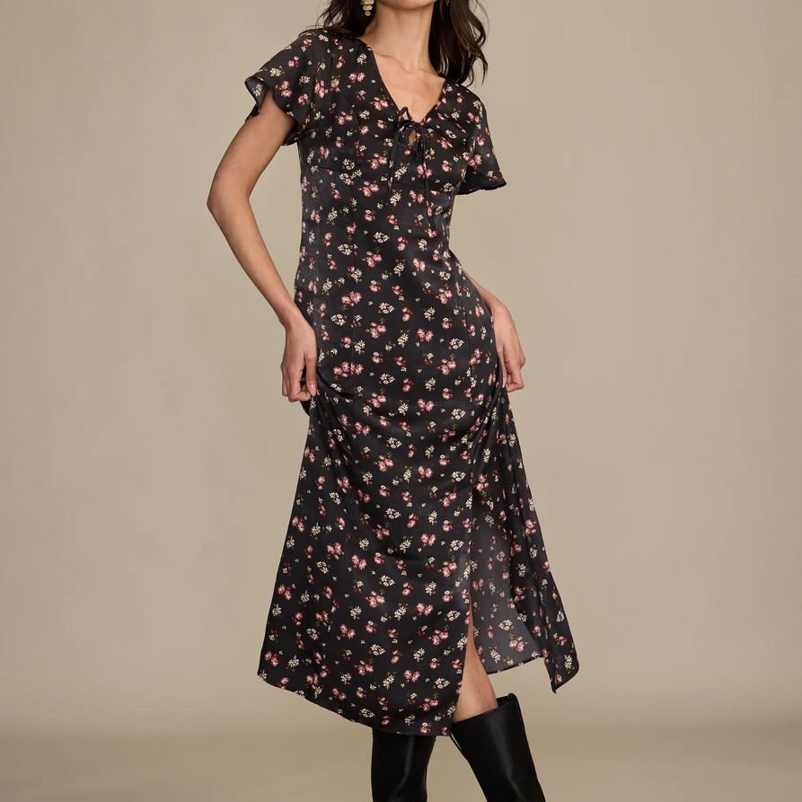 Lucky Brand Flutter Sleeve Midi Dress - Women's Clothing Dresses Shirt Midi Dress in Black Multi, Size XS