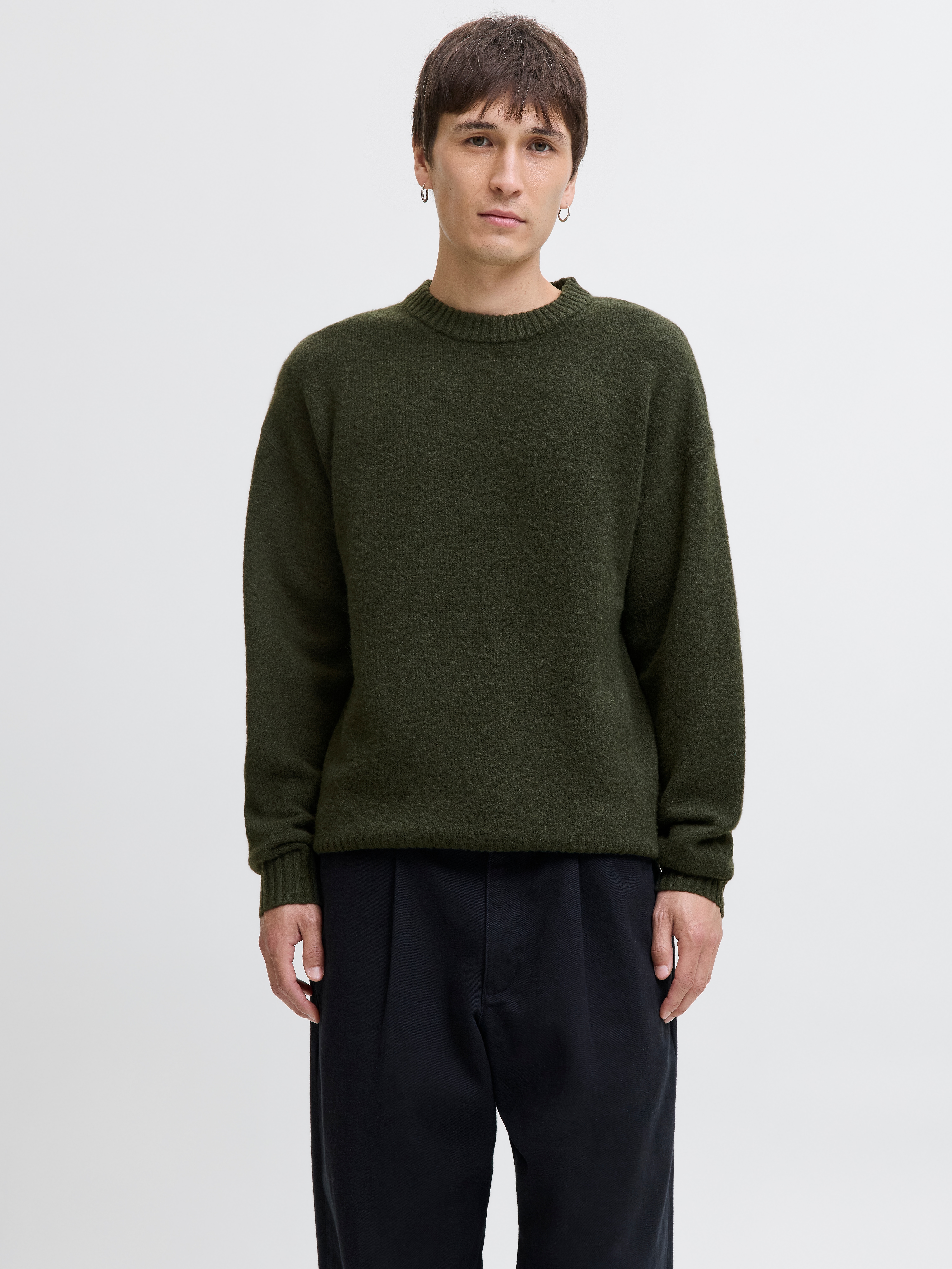 Strickpullover JACK & JONES "JJESOHO OLLIE KNIT CREW NECK SN", Damen, Gr. XL, bunt (duffel bag), Strick, Obermaterial: 51% Polyester, 41% Polyacryl, 5% Wolle, 3% Elasthan, unifarben, relaxed fit normal, Rundhals, Rippbündchen, Pullover Strickpullover