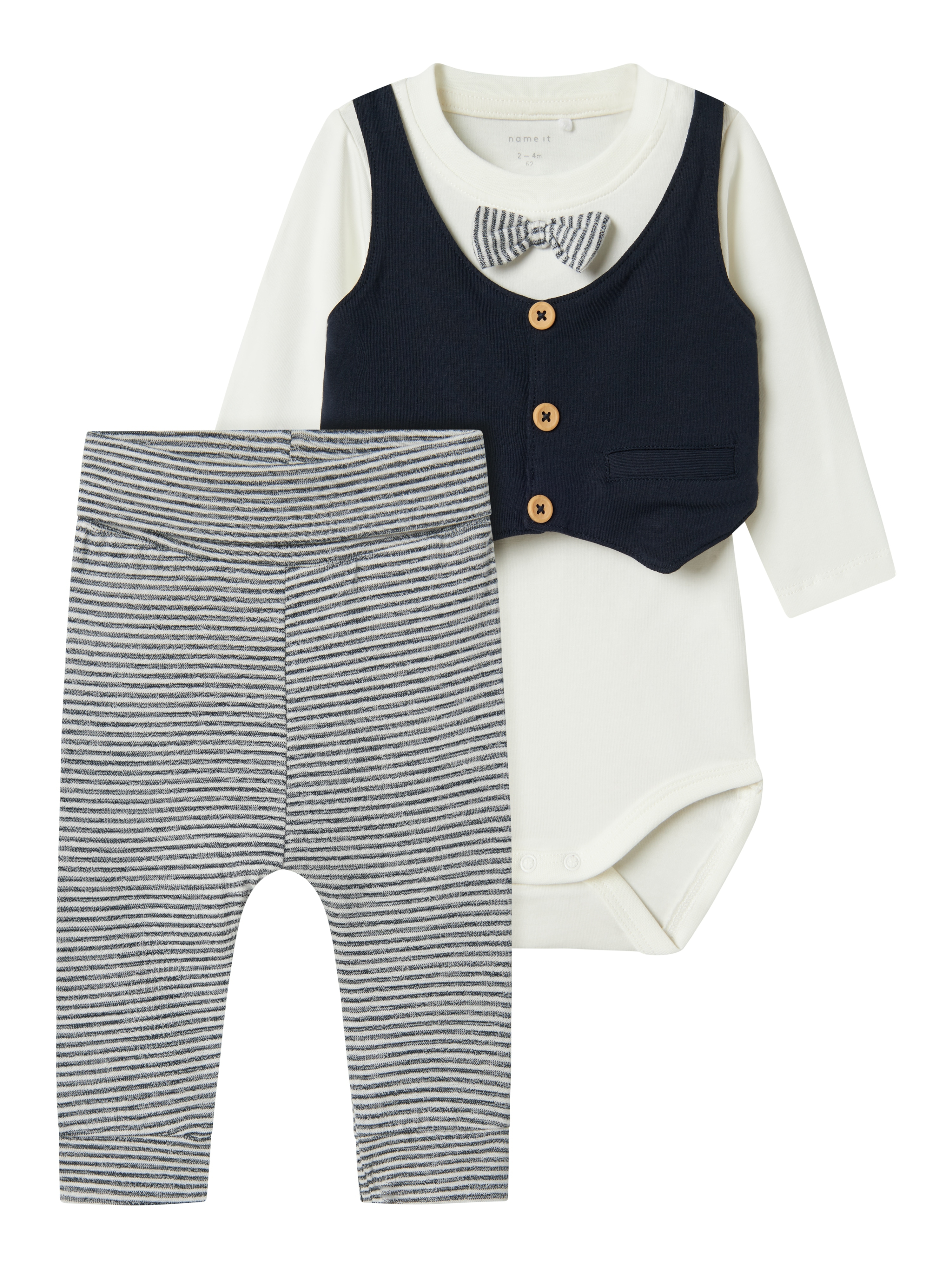 Body NAME IT "NBMADAM LS BODY SET NOOS", Baby, Gr. 74, N-Gr, schwarz sapphire detail:with stripe pant, Sweatware, Obermaterial: 95% Baumwolle, 5% Elasthan, normal, Rundhals, gerader Abschluss, Bodys Image