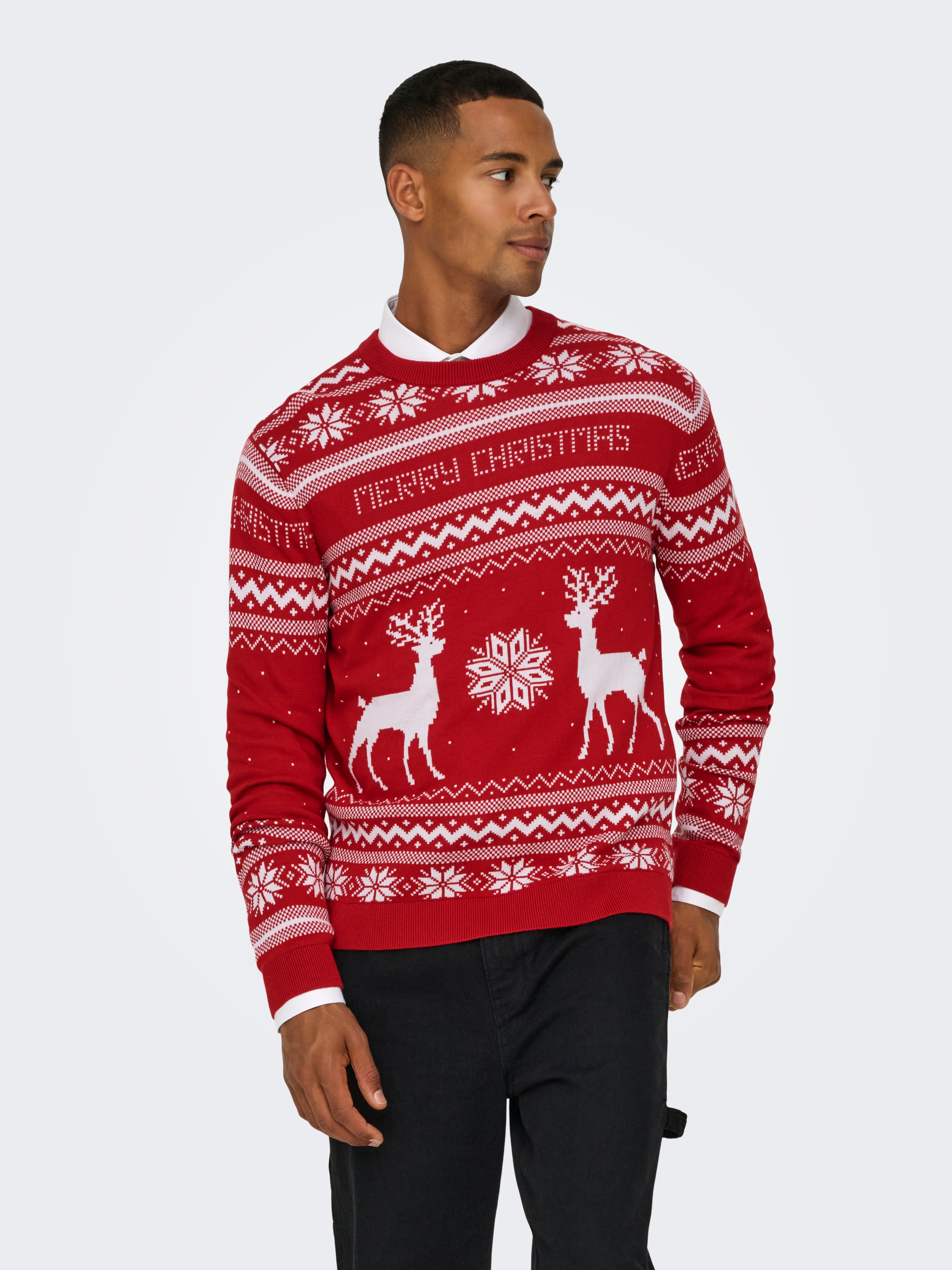 Rundhalspullover ONLY & SONS "ONSXMAS REG 5 JAQ CREW KNIT", Herren, Gr. M, rot (pompeian rot), Strick, Obermaterial: 100% Baumwolle, gemustert, Modisch, regular fit, Rundhals, Rippbündchen, Pullover Image