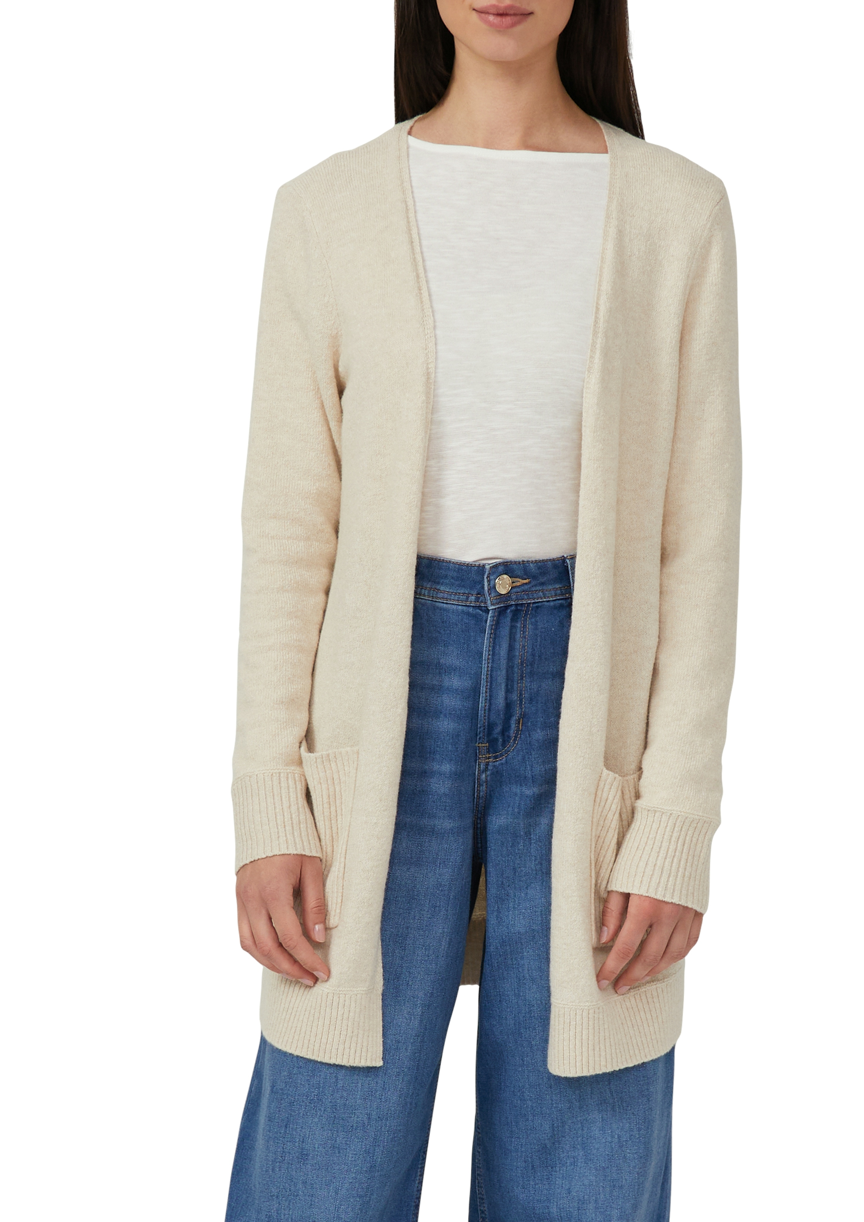 Strickjacke S.OLIVER, Damen, Gr. 42, beige (beige melange), Strick, Obermaterial: 50% Baumwolle, 25% Polyamid, 14% Polyacryl, 8% Wolle, 3% Elasthan, meliert, regular fit ca. Mitte Oberschenkel, Rundhals, Rippbündchen, Strickjacken Strickjacke, mit...