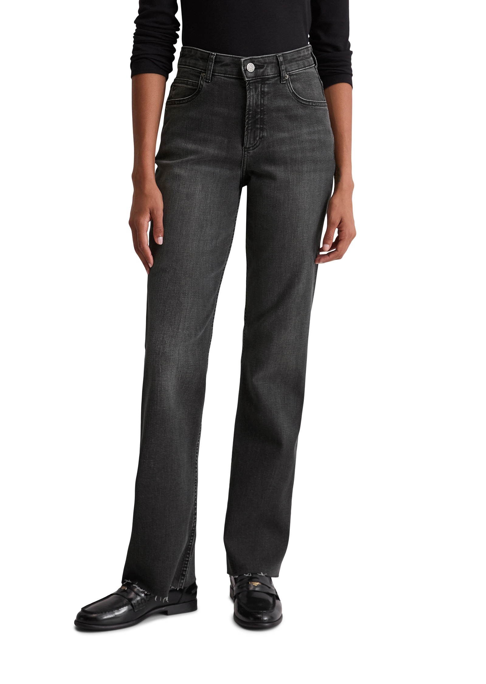 Schlagjeans MARC O'POLO "aus Organic-Cotton-Mix-Stretch", Damen, Gr. 30, Länge 34, grau (schwarz), Obermaterial: 86% Baumwolle, 12% Polyester, 2% Elasthan, unifarben, ausgestellt lang, Jeans