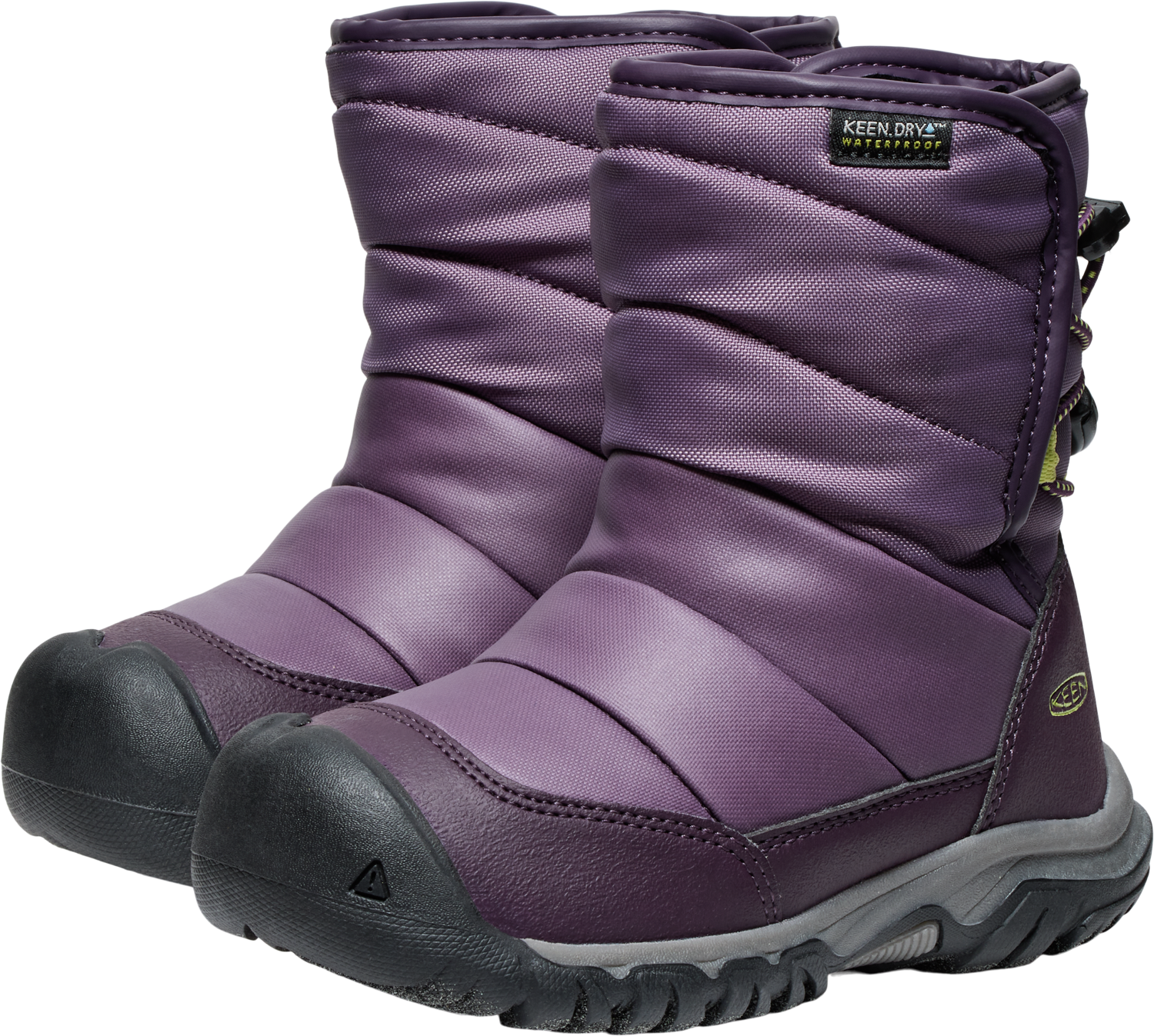 Winterboots KEEN "PUFFRIDER WP", Damen, Gr. 31, grün (schwarz plum, daiquiri grün), Synthetik, Textil, Schuhe, Winterschuhe, Winterstiefel, Snowboots, wasserdicht