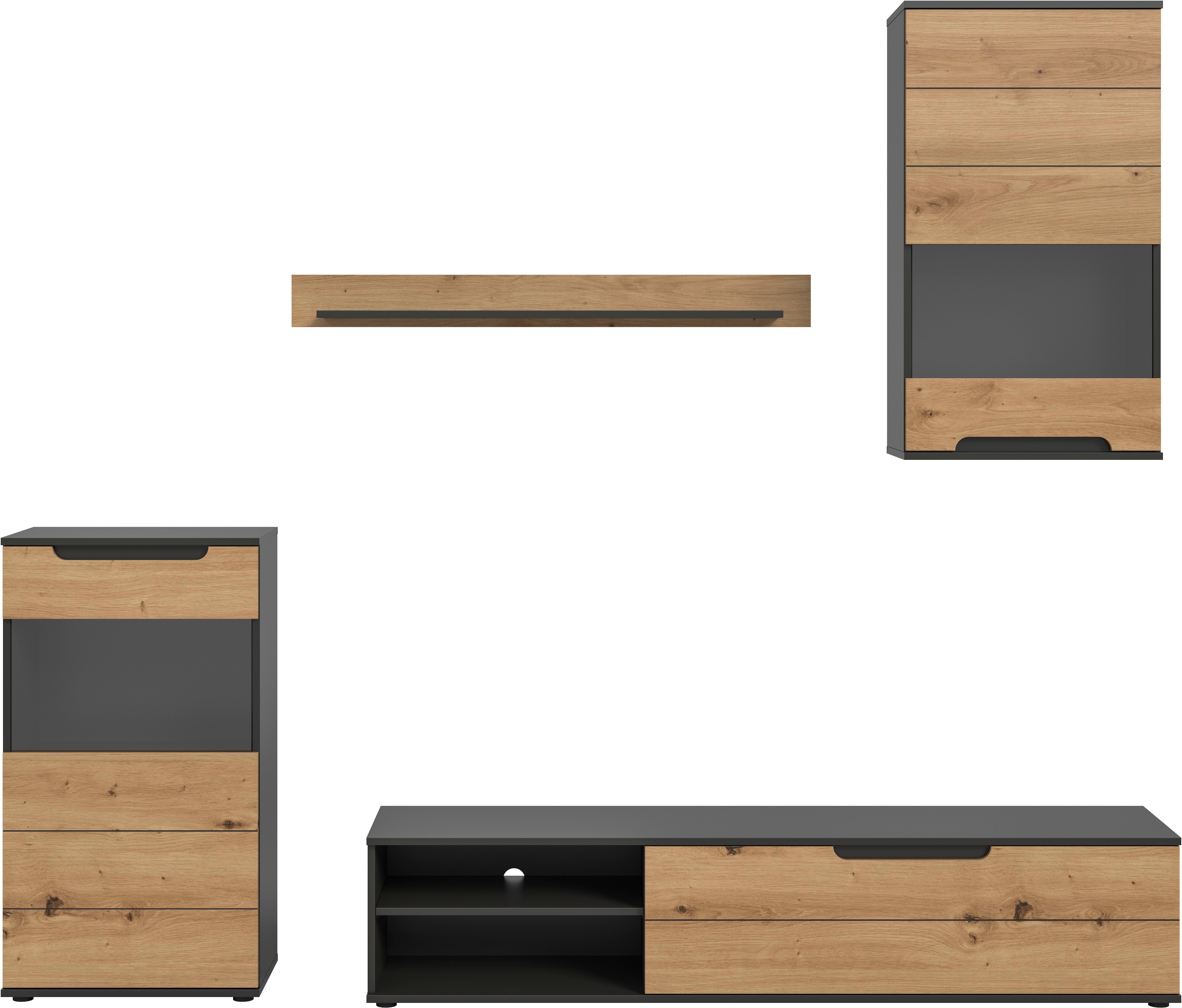 Wohnwand INOSIGN "SKEPP, 4-teilig, best. aus: 2x Vitrine, 1x Lowboad & 1x Wandboard", basalt grau, artisan eiche nachbildung, B:246cm H:182cm T:37cm, Holzwerkstoff, Kastenmöbel-Sets, Wohnwand, Anbauwand, Set, Möbelset, TV-Wand, Wohnzimmerset,...