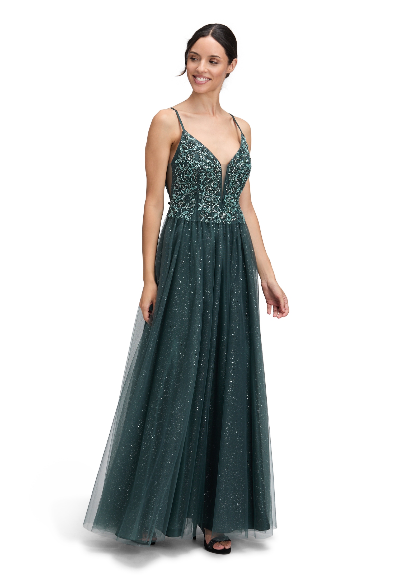 Abendkleid VERA MONT "Damen Abendkleid mit Stickerei", Damen, Gr. 36, Normalgrößen, grau (dusty slate), Tüll, Obermaterial: 100% Polyamid. Futter: 100% Polyester., ausgestellt lang, Kleider Image