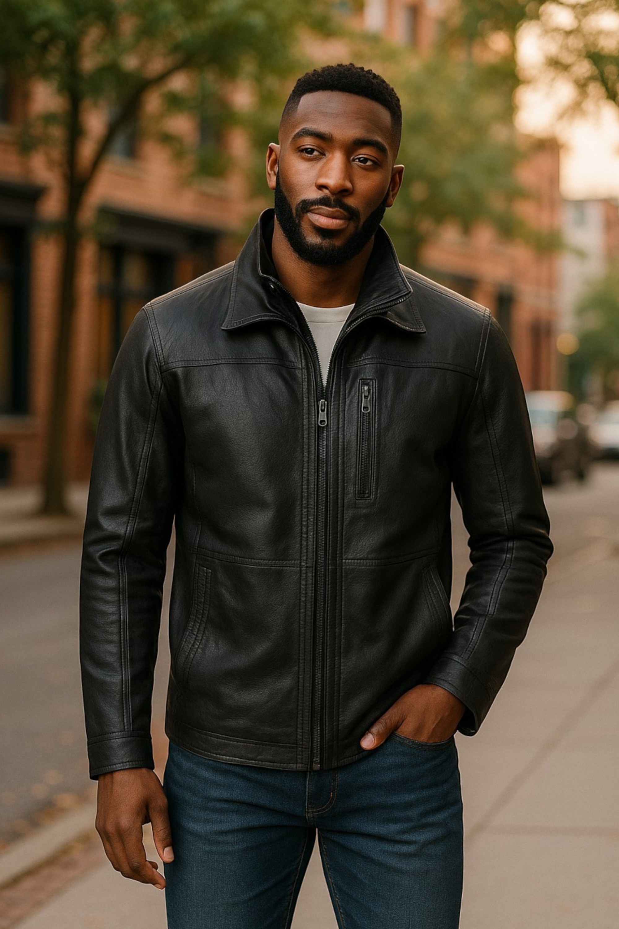 Schwarzer, warmer, mittellanger Bikermantel aus Leder für Herren – Colac Image