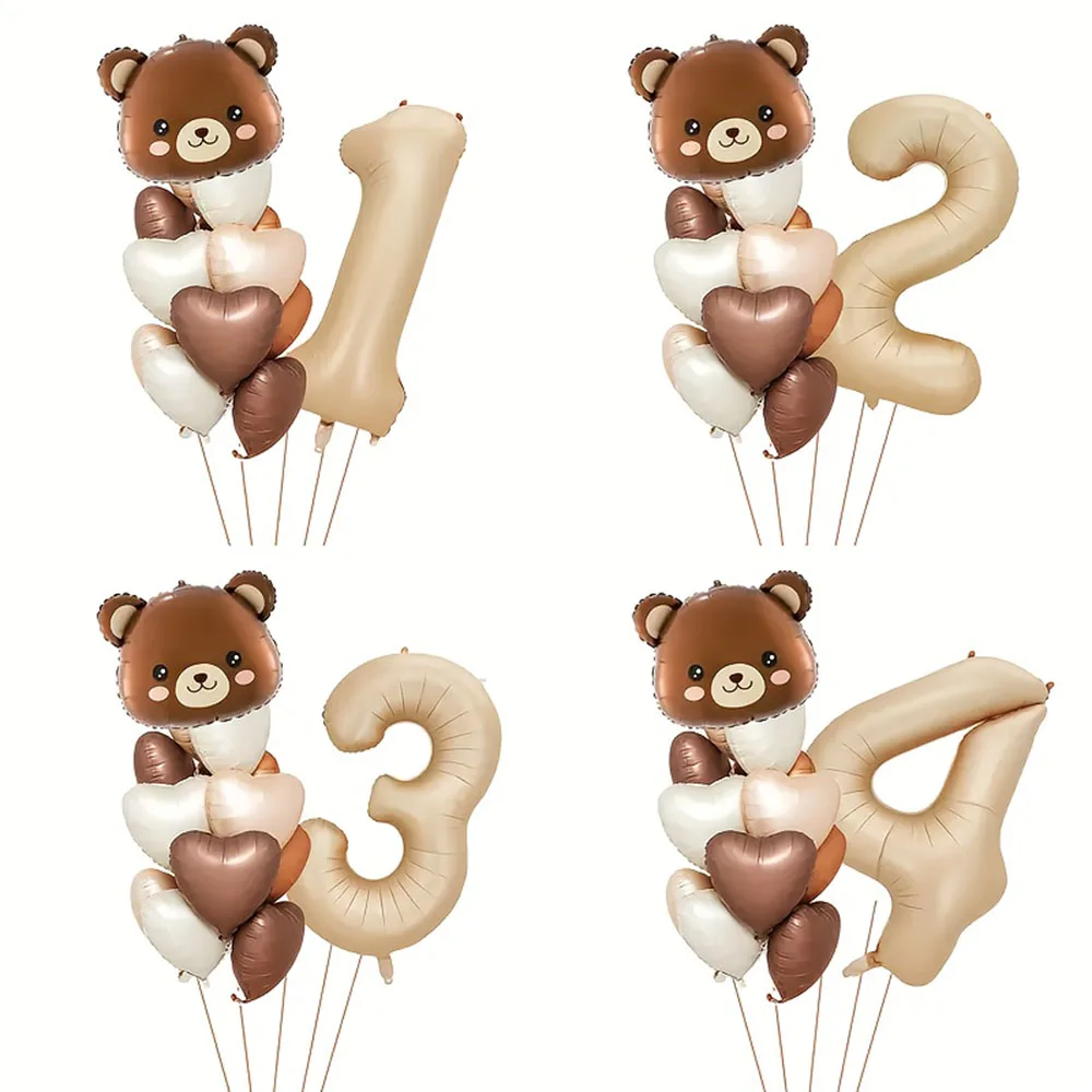 32 Zoll süße Bärenkopf Creme Schokolade Herz Ballon Karamell Zahlen Folienballons 1-4 Jahre Geburtstag Party Dekoration Babyparty Image