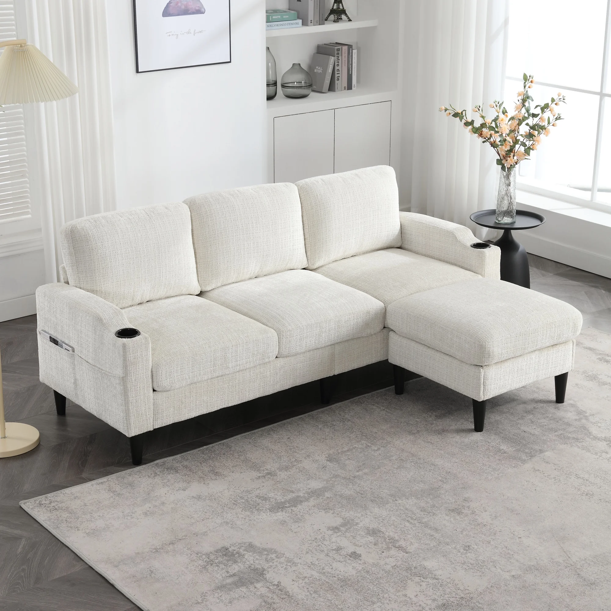 Sofa mit Hocker Und Stauraum, 4-Sitzer Polstersofa mit Getränkehalter, Armlehnen Und Seitentaschen Für Wohnzimmer