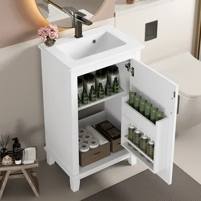 Floor-standing Bathroom Cabinet with Sink and Door, Adjustable Shelves, Ceramic Sink, For Small Room Bathroom, White, 51x34x83cm