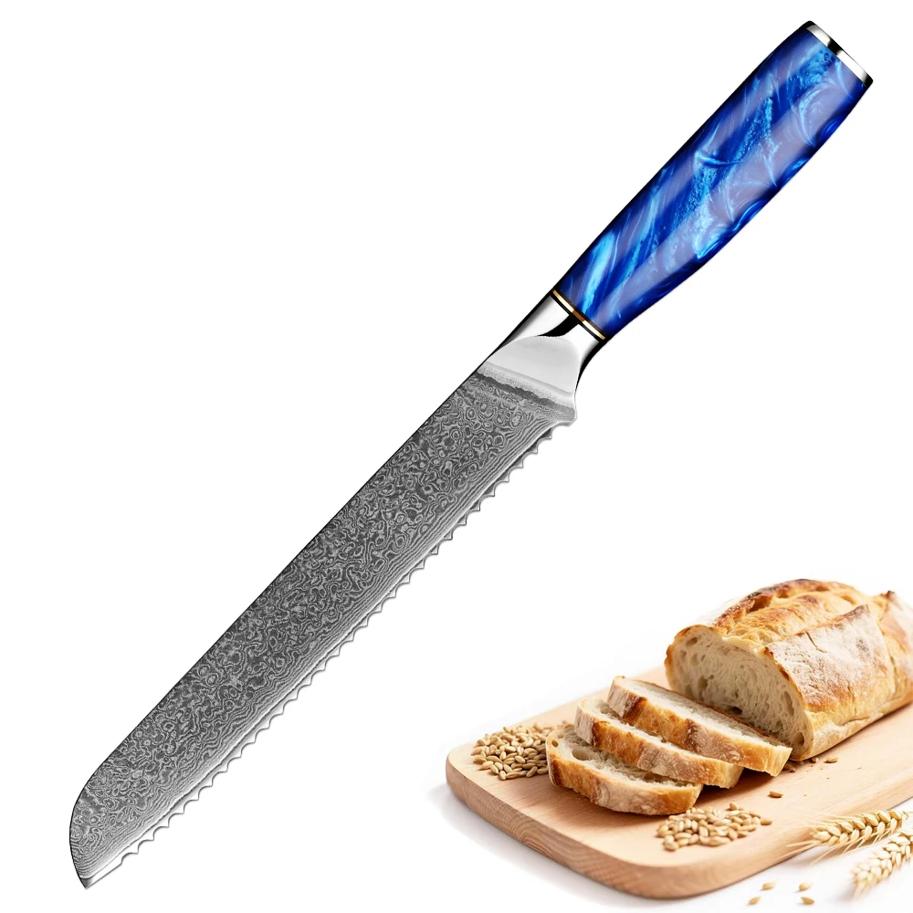 Brotmesser, 20,3 cm gezahntes Küchenmesser, blauer Harzgriff, 67-lagiges Messer aus Damaststahl zum Schneiden von Brot, Bagels, Kuchen Image