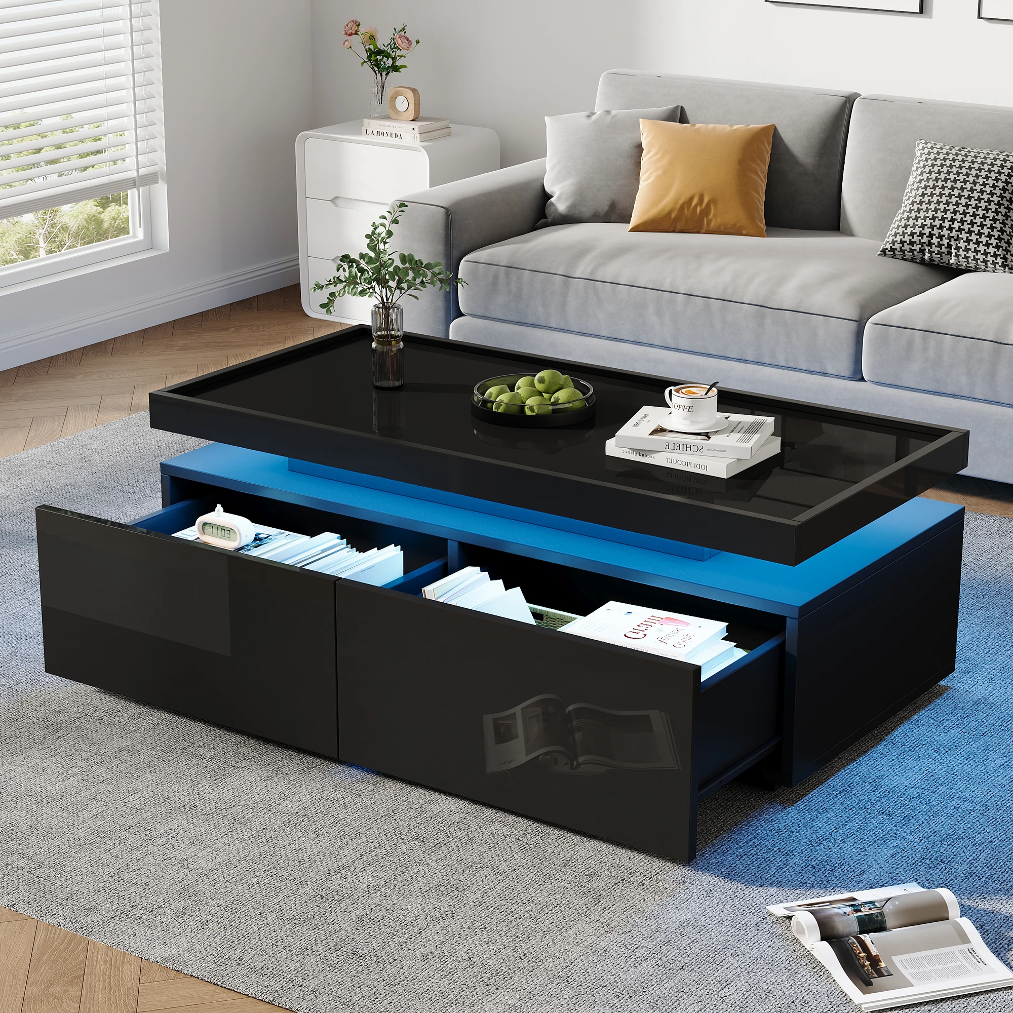 Table basse 95*45*35cm, table de salon avec LED, table basse avec 2 tiroirs, table de canapé brillante, table minimaliste moderne