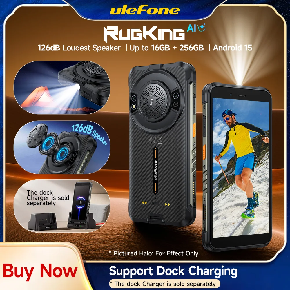 Ulefone RugKing 4G Robustes Smartphone mit Android 15, bis zu 16 GB + 256 GB/128 GB Speicher, wasserdicht, 9600 mAh Akku, NFC, globale Version, 5,99 Zoll Display, 50PMP Image