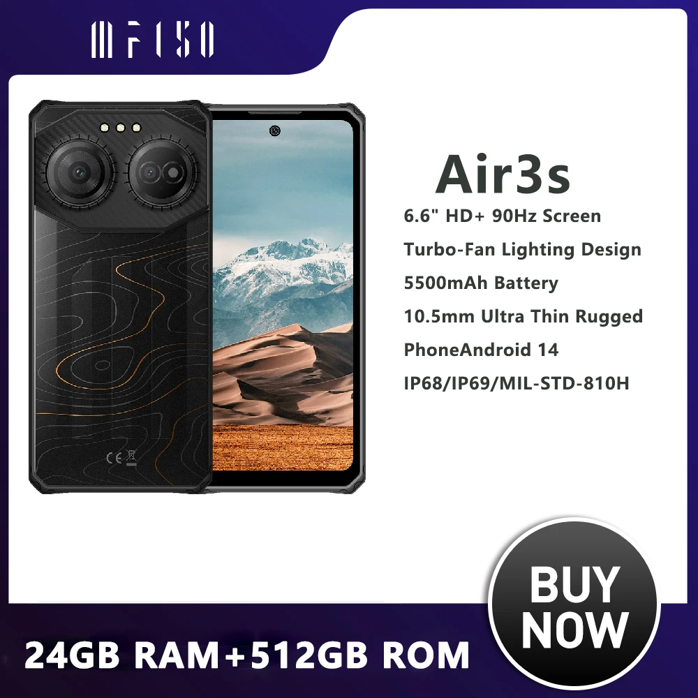 IIIF150 Smartphone robuste Air3S 90Hz 16GB(4 +12) 128GB 6.6 ''écran Fullview 2.4M Drop 6m étanche Android 14 Ultra-mince
